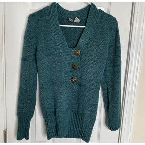 BKE Buckle Pullover Sweater Womens Size Medium V-Neck Green Ribbed Buttons